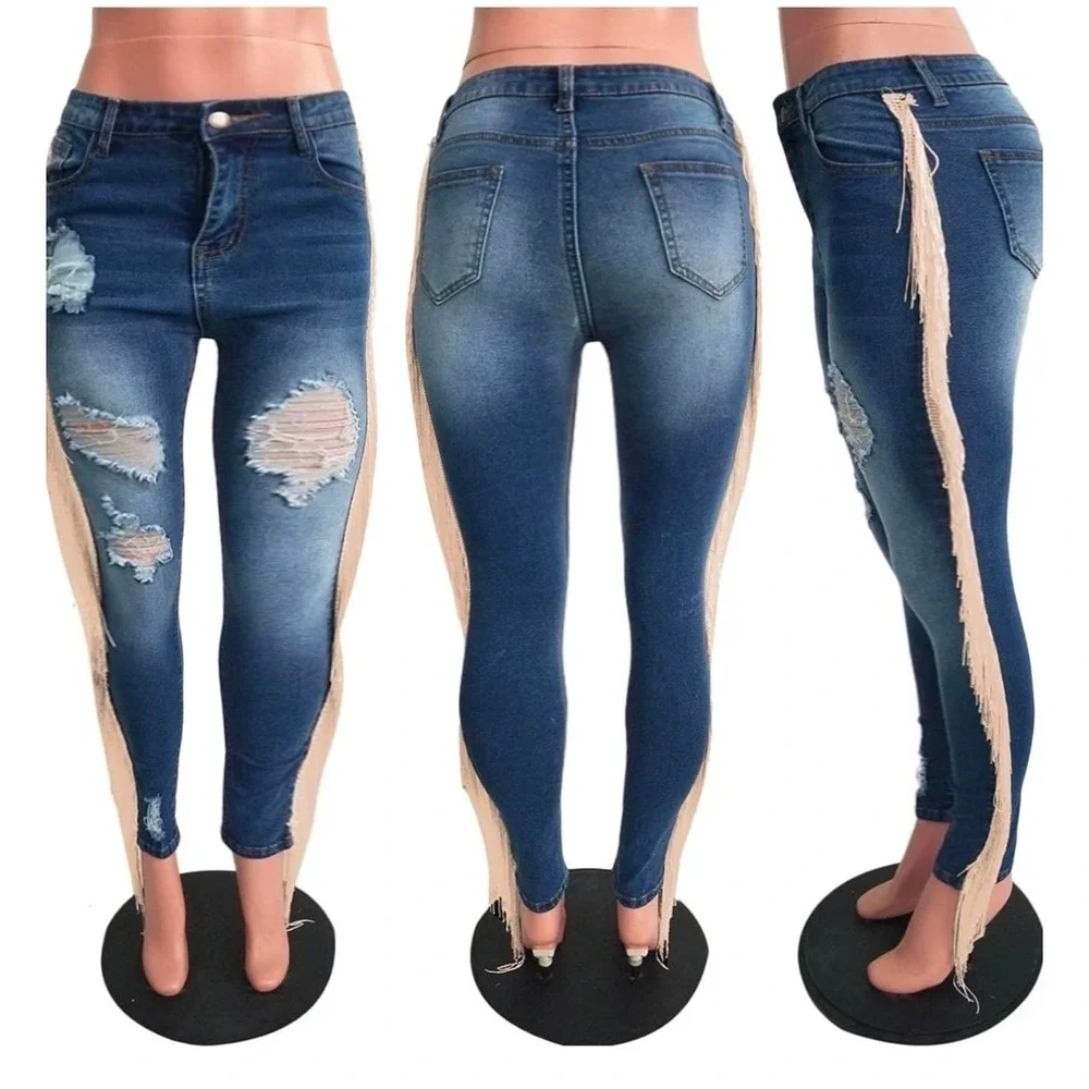 Plus Size Fringe Distressed Skinny Jeans XXXL Boho Western Stretch Denim